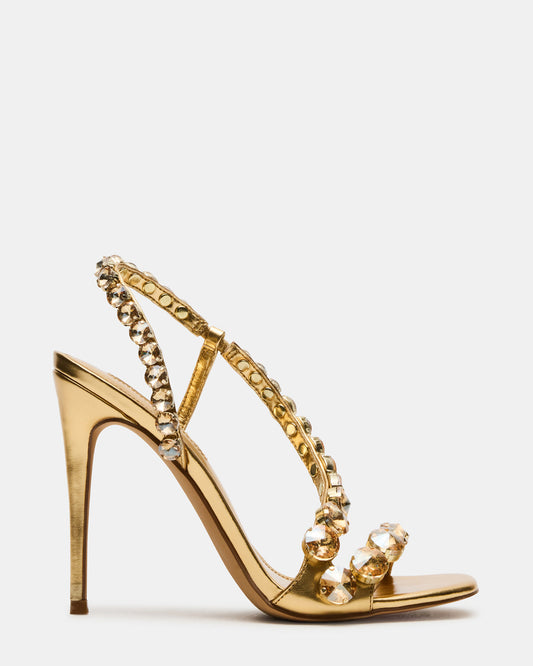 NYLIE Gold Multi Strappy Square-Toe Embellished Women's Heel