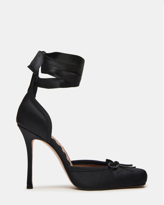 LARINA Black Satin Square-Toe Stiletto Pump Lace-Up Women's Heel