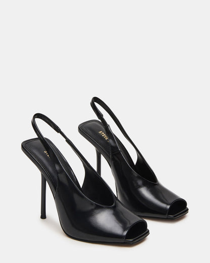 LUCIAN Black Leather Square-Toe Peep-Toe Slingback Women's Heel