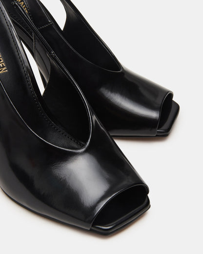 LUCIAN Black Leather Square-Toe Peep-Toe Slingback Women's Heel