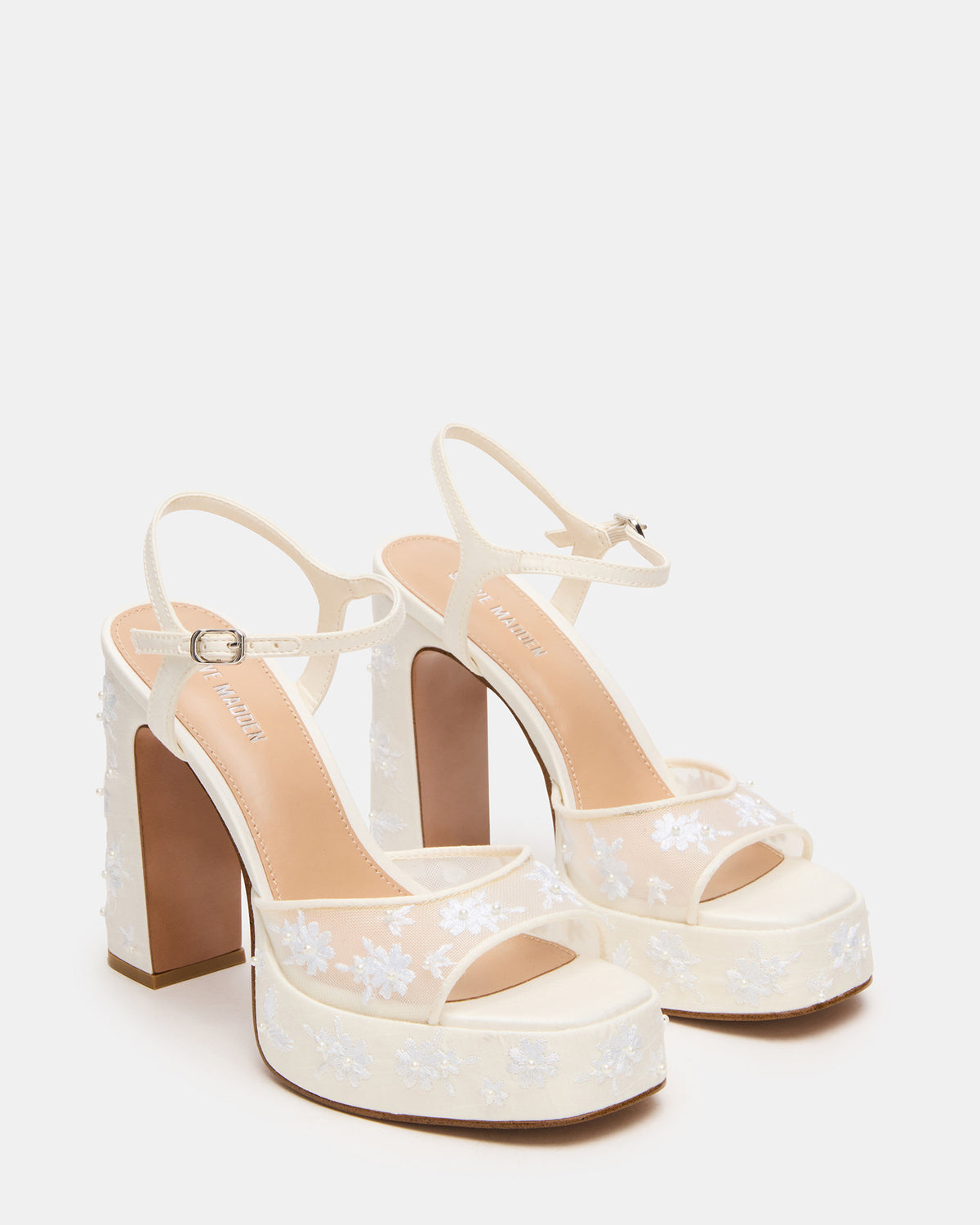 LIANDRA Embellished White Mesh Platform Square-Toe Strappy Women's Heel