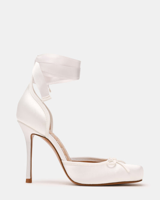 LARINA Ivory Satin Square-Toe Stiletto Pump Lace-Up Women's Heel