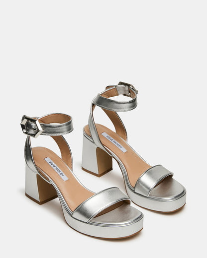 ELIDA Silver Leather Ankle Strap Platform Women's Block Heel