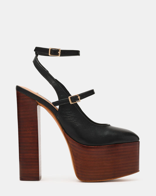 SCOTLYN Stacked Black Leather Mary-Mary Platform Women's Block Heel