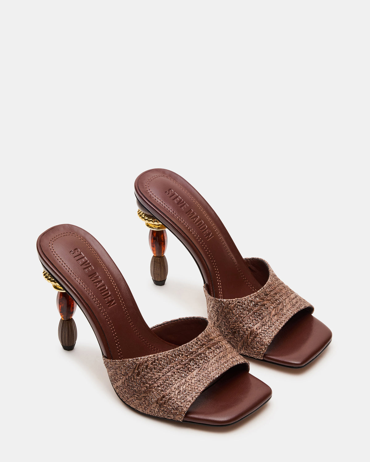 SIA Brown Square-Toe Mule Sculptured Beaded Women's Heel