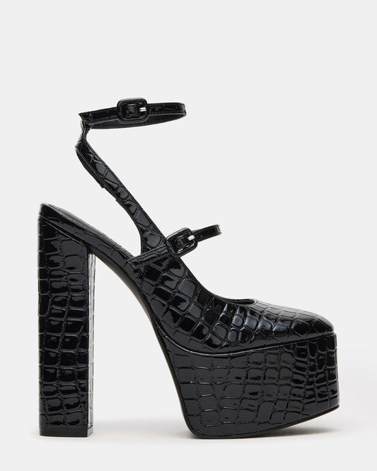 SCOTLYN Black Crocodile Women's Platform Block Heel