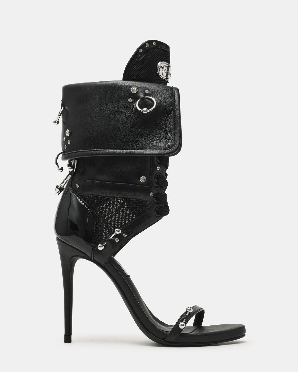 CASELLA Piercing Black Open-Toe Stiletto Lace-Up Women's Heel