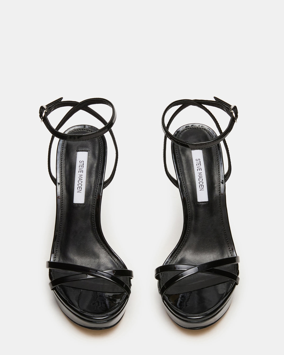 JUNI Black Patent Criss Cross Stiletto Ankle Strap Women's Heel
