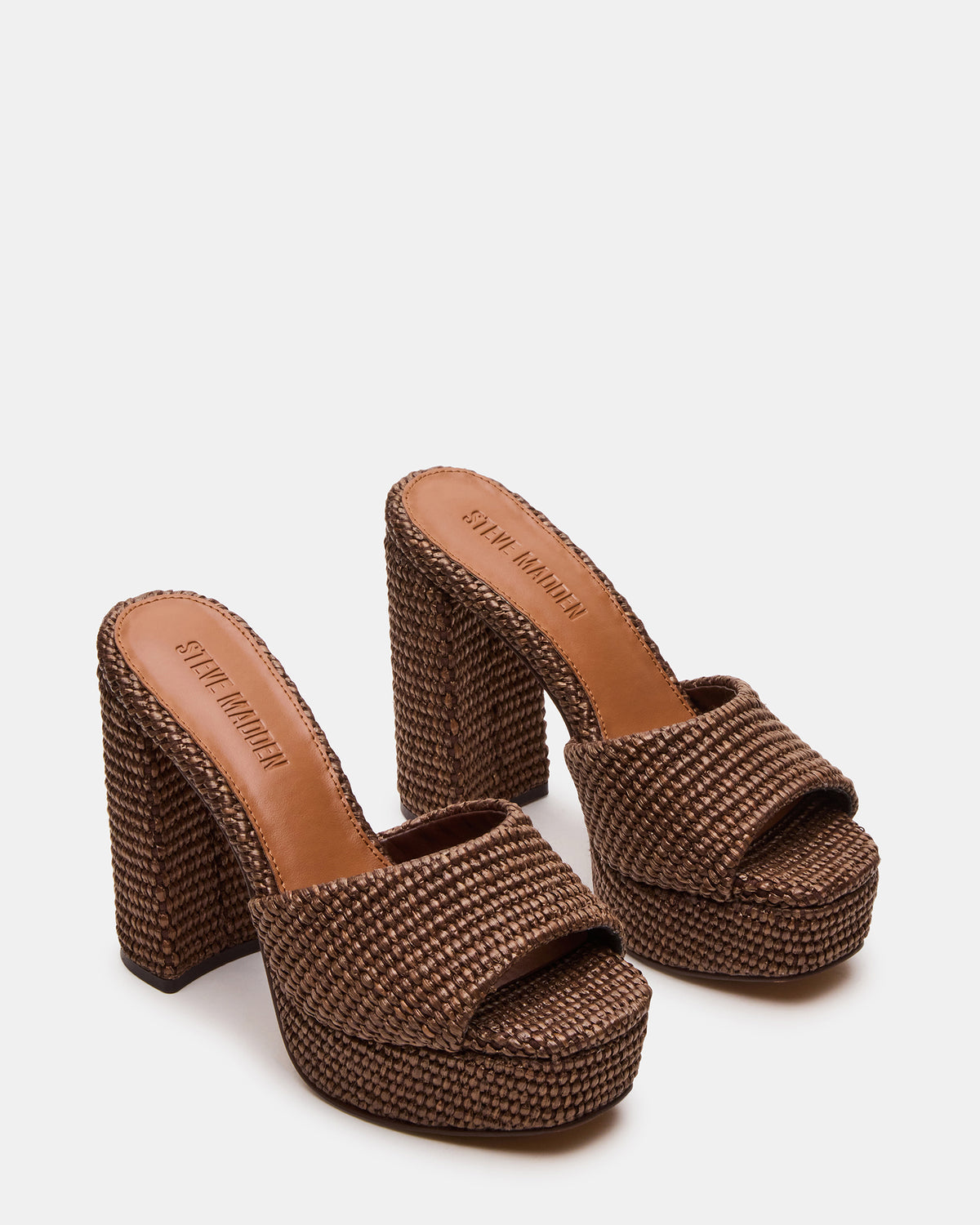 JOEL Brown Raffia Square-Toe Platform Raffia Mule Women's Heel