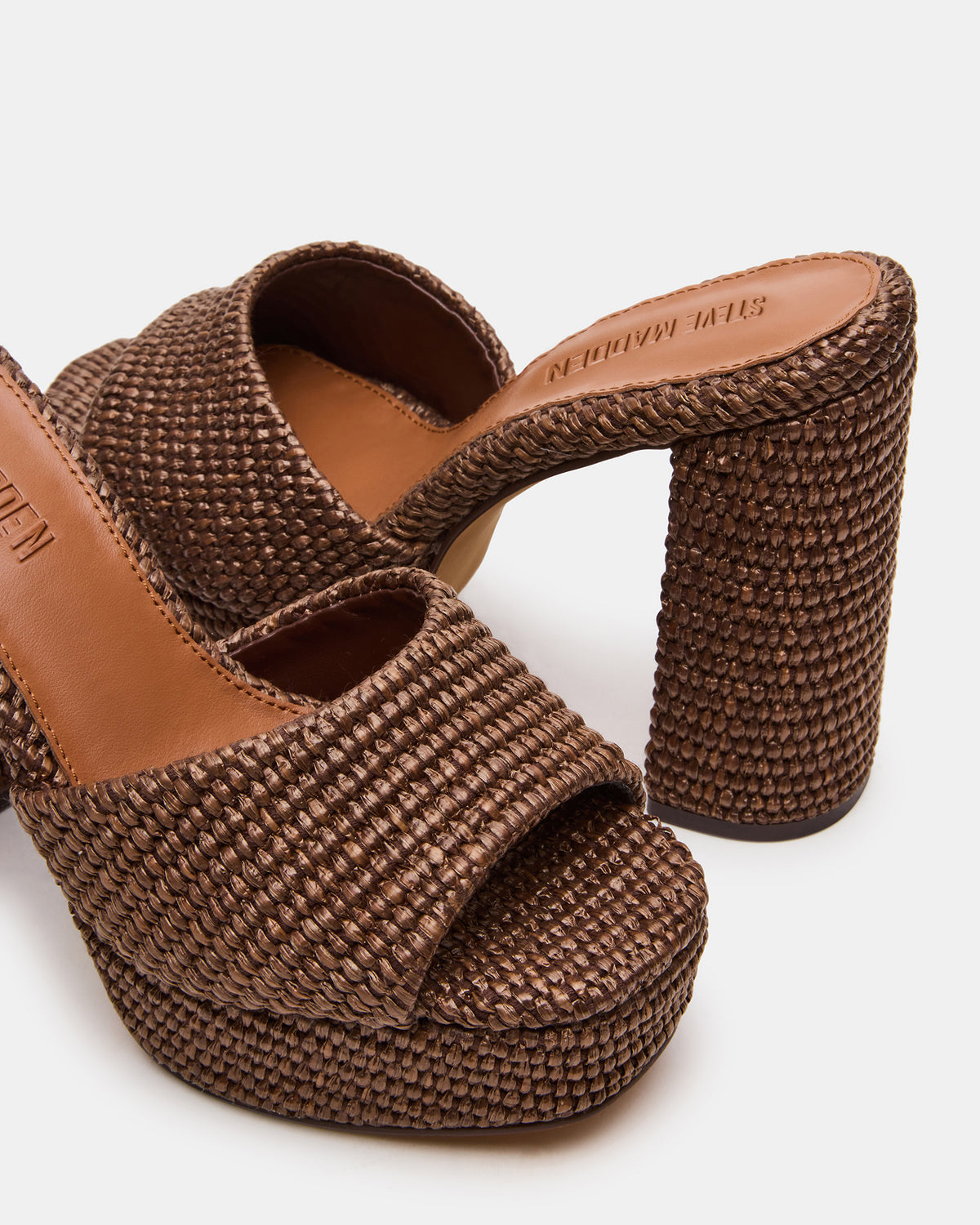 JOEL Brown Raffia Square-Toe Platform Raffia Mule Women's Heel