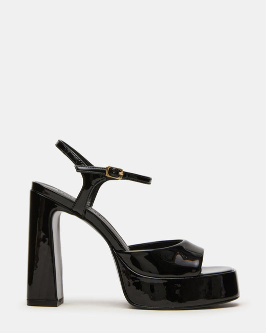 LIANDRA Black Patent Women's Platform Square-Toe Strappy Heel