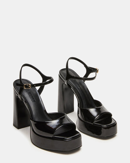 LIANDRA Black Patent Women's Platform Square-Toe Strappy Heel