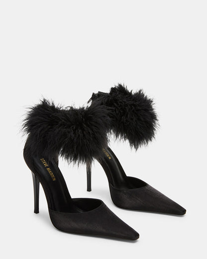 ELUSIVE Black Satin Pointed-Toe Stiletto Pump Women's Heel