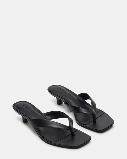 TRACIE Black Leather Thong Strap Women's Kitten Heel