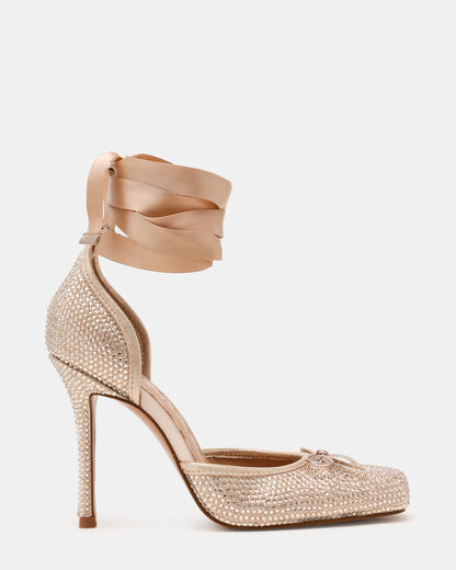 LARINA Champagne Rhinestones Square-Toe Stiletto Lace-Up Women's Heel