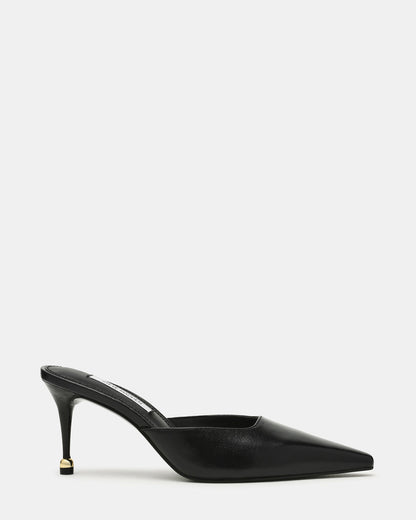 ADELINE Black Leather Mule Pointed-Toe Gold-Detail Women's Heel