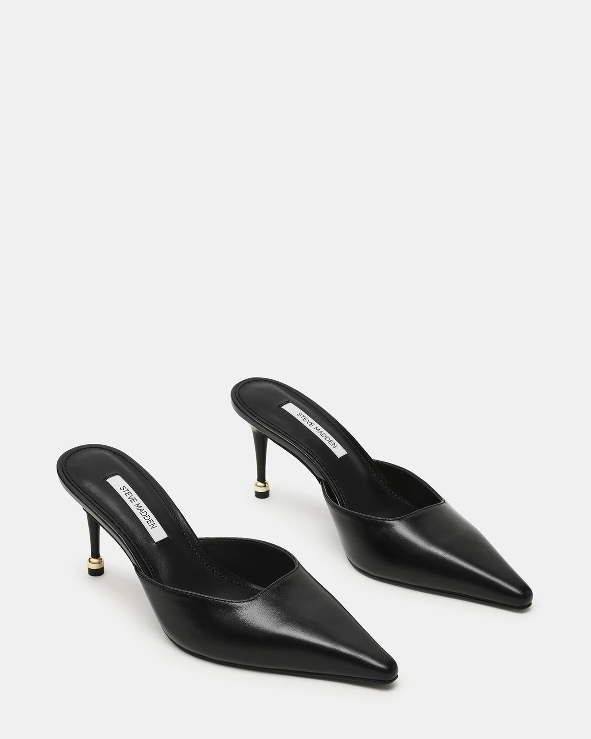 ADELINE Black Leather Mule Pointed-Toe Gold-Detail Women's Heel