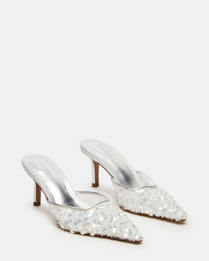 ALEXI Sequin Silver Pointed-Toe Mule Women's Heel