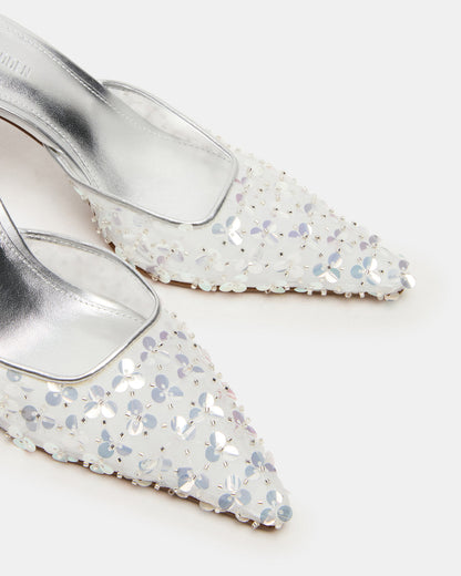 ALEXI Sequin Silver Pointed-Toe Mule Women's Heel