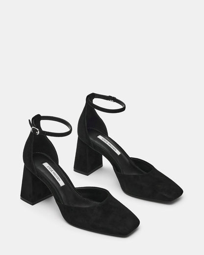 HARTLYN Black Suede Square-Toe Block Heel Ankle Strap Women's Heel