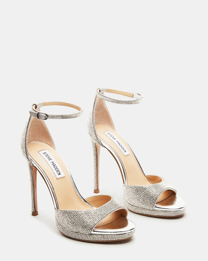 WILEY Silver Rhinestones Open Toe Stiletto Heel | Women's Heels