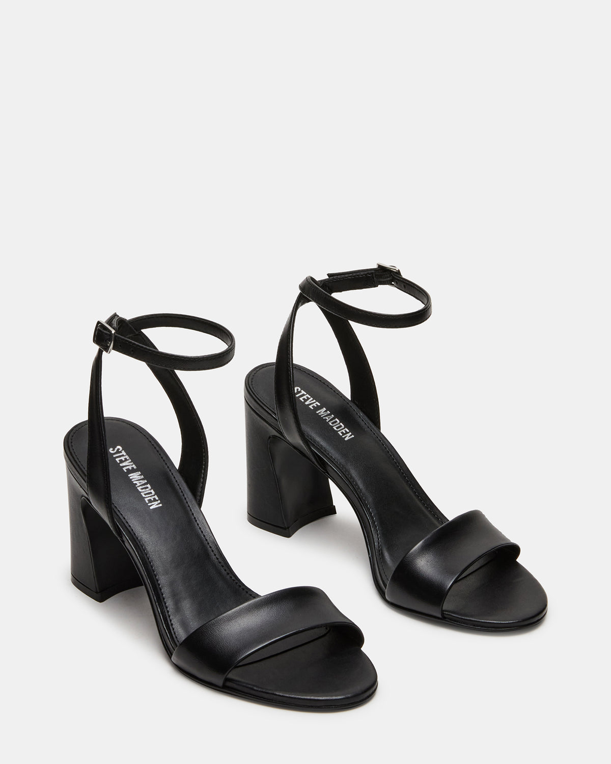 LARAH Black Leather Rounded Toe Block Heel Women's Heel