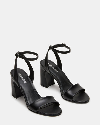 LARAH Black Leather Rounded Toe Block Heel Women's Heel