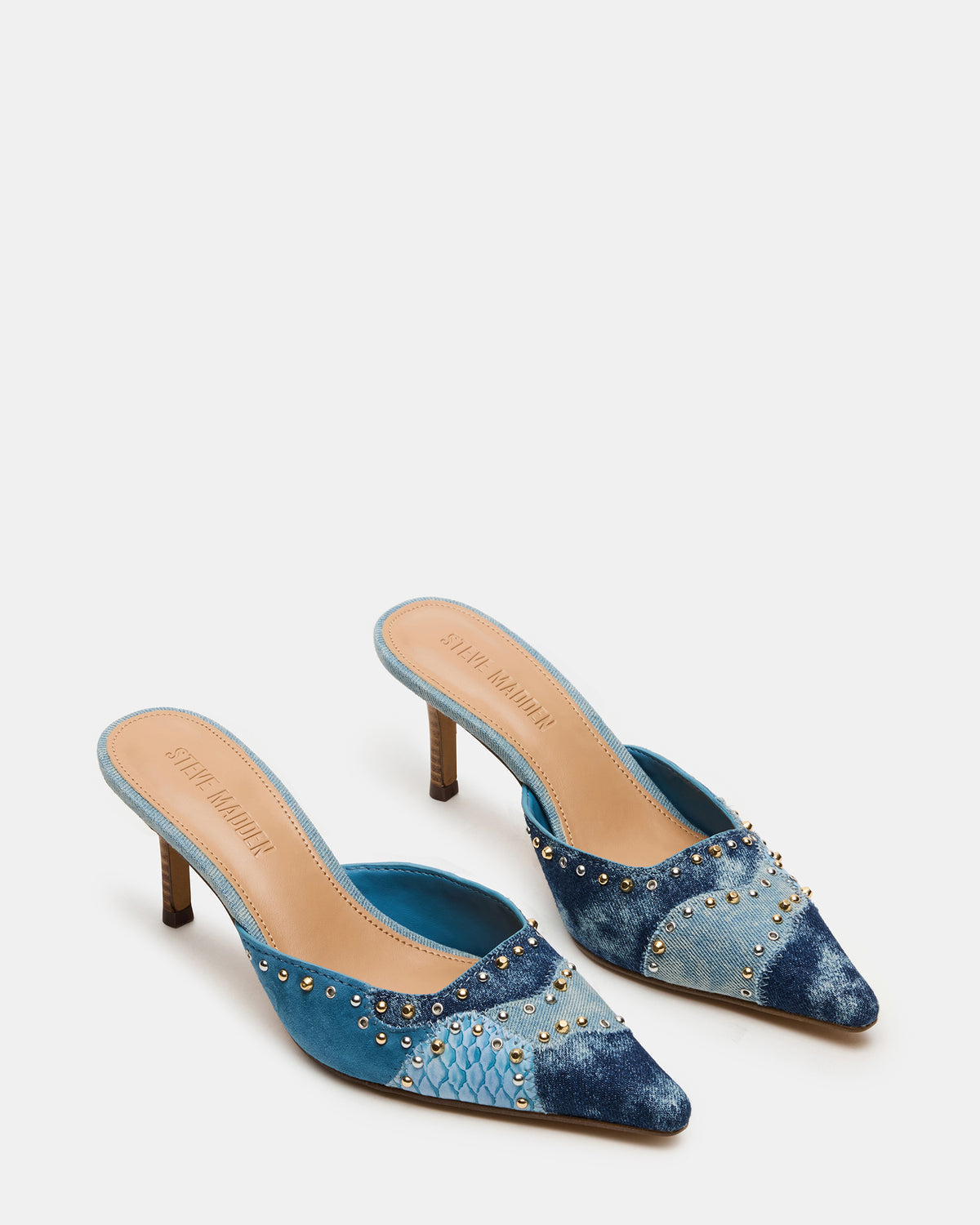 ALEXI Denim Multi Studs Pointed-Toe Mule Women's Heel