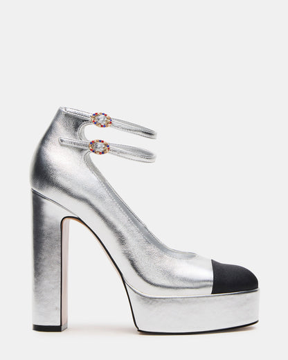 PEYTON Silver Leather Block Heel Platform Women's Heel