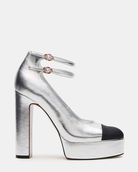 PEYTON Silver Leather Block Heel Platform Women's Heel