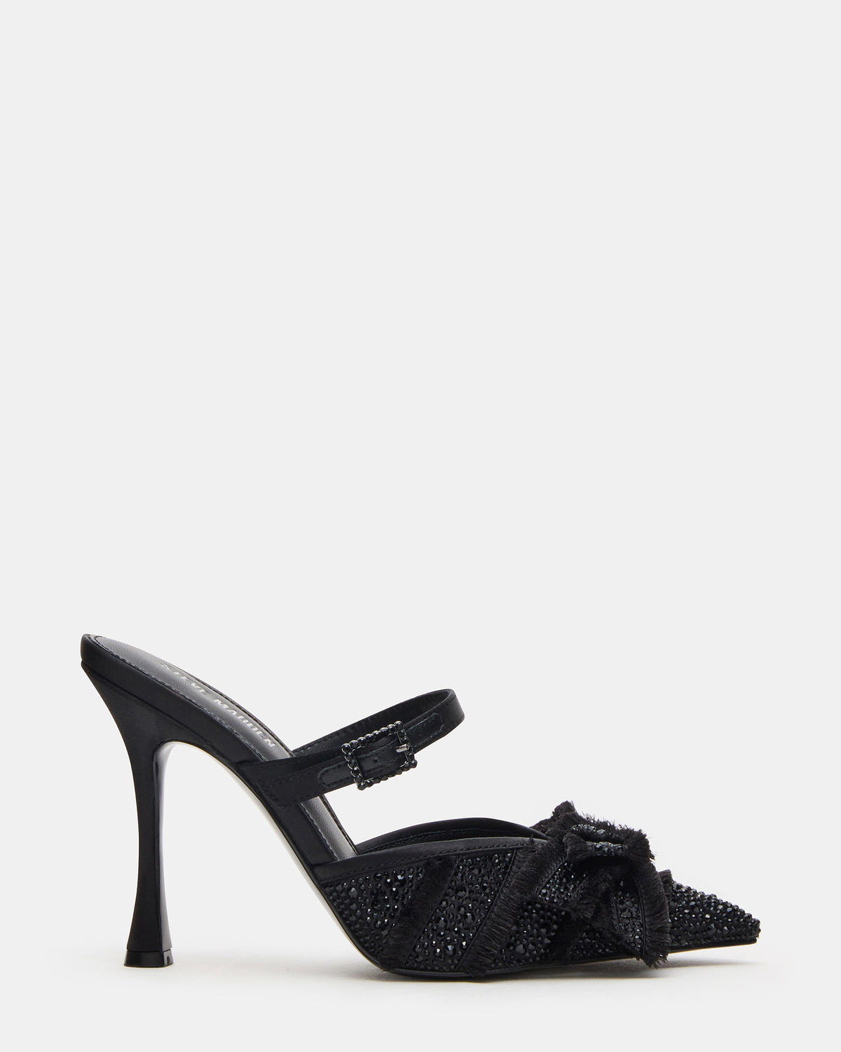 BAYLIN Black Satin Rhinestones Bow Pointed-Toe Stiletto Women's Heel