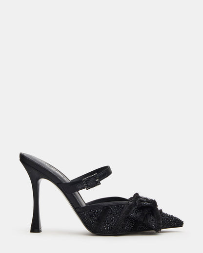 BAYLIN Black Satin Rhinestones Bow Pointed-Toe Stiletto Women's Heel