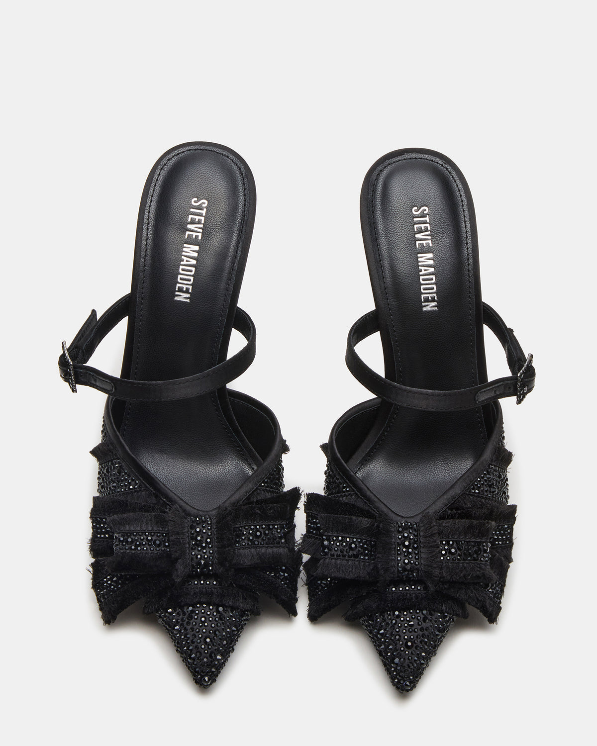 BAYLIN Black Satin Rhinestones Bow Pointed-Toe Stiletto Women's Heel