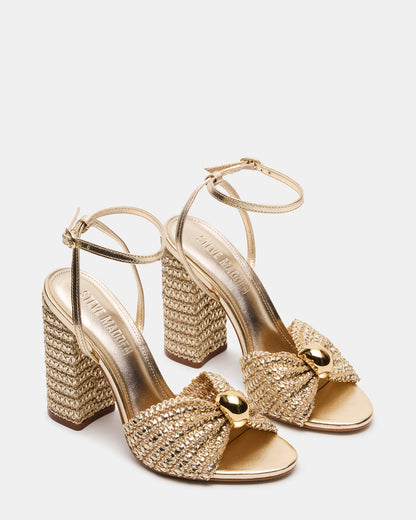 CHEYLA Gold Raffia Women's Block Heels