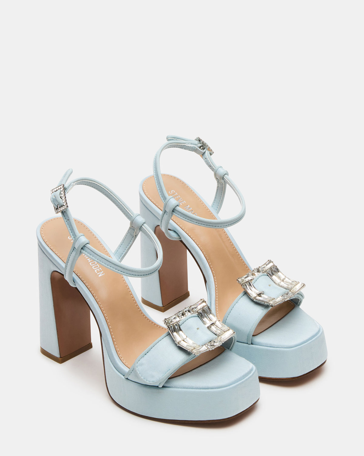 LIANDRA Buckle Blue Satin Women's Platform Square-Toe Strappy Heel