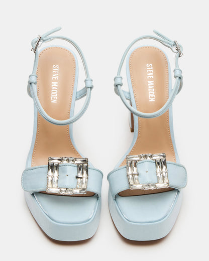 LIANDRA Buckle Blue Satin Women's Platform Square-Toe Strappy Heel