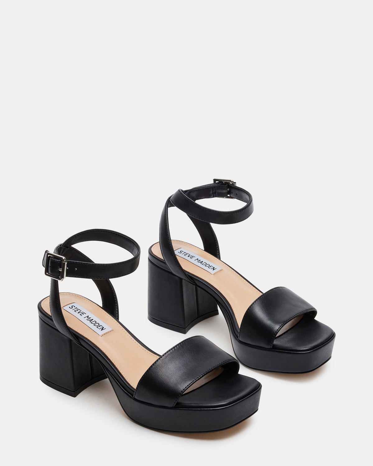 MERCERR Black Leather Women's Platform Block Heel