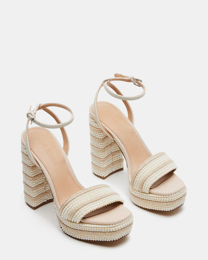 LUMARA Natural Raffia Pearl Platform Block Heel | Women's Heels