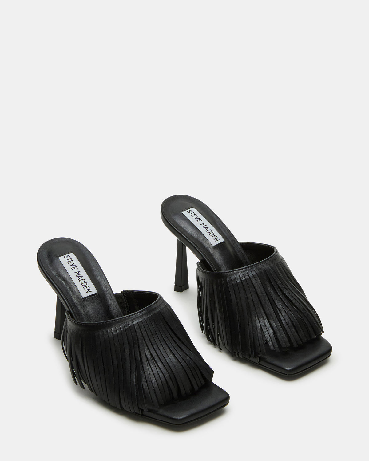 MORINA Black Leather Square-Toe Stiletto Mule Fringe Heel | Women's Heels