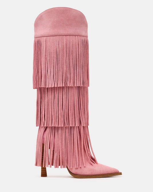 KINZEE Fringe Pink Suede Pointed-Toe Knee-High Western Stiletto Women's Boot