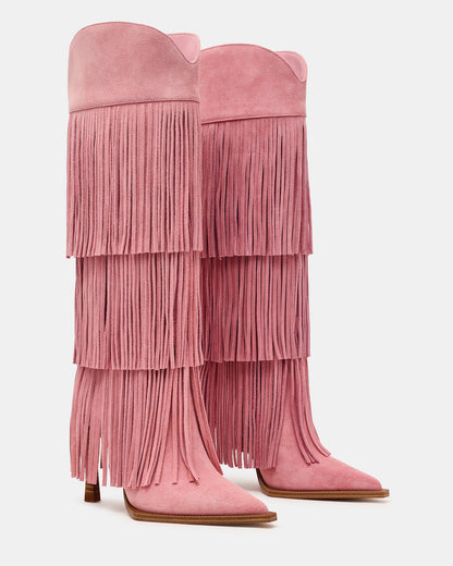 KINZEE Fringe Pink Suede Pointed-Toe Knee-High Western Stiletto Women's Boot