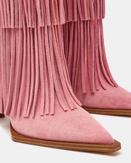 KINZEE Fringe Pink Suede Pointed-Toe Knee-High Western Stiletto Women's Boot
