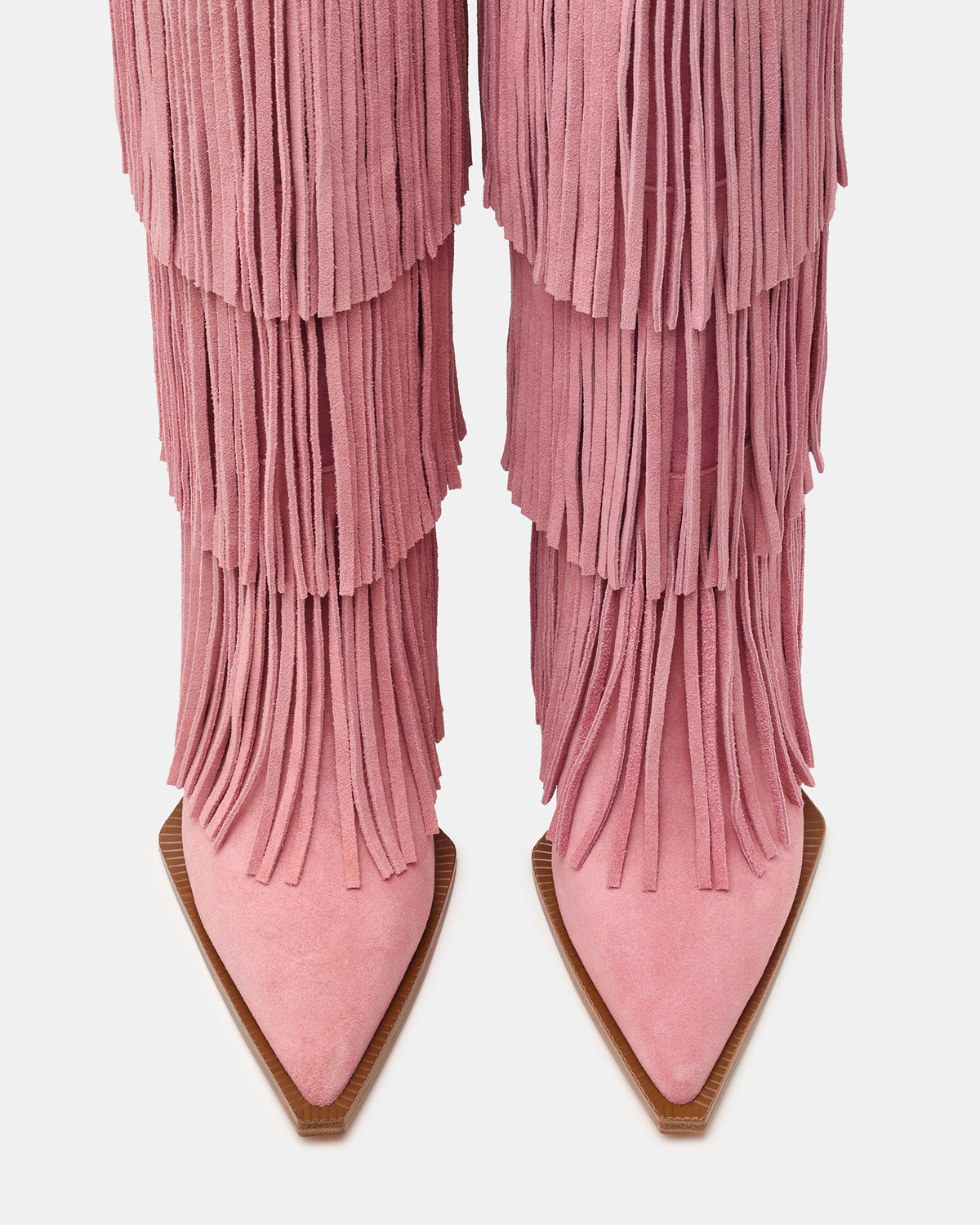 KINZEE Fringe Pink Suede Pointed-Toe Knee-High Western Stiletto Women's Boot