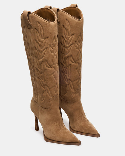 KINZEE Taupe Suede Pointed-Toe Knee-High Western Stiletto Women's Boot