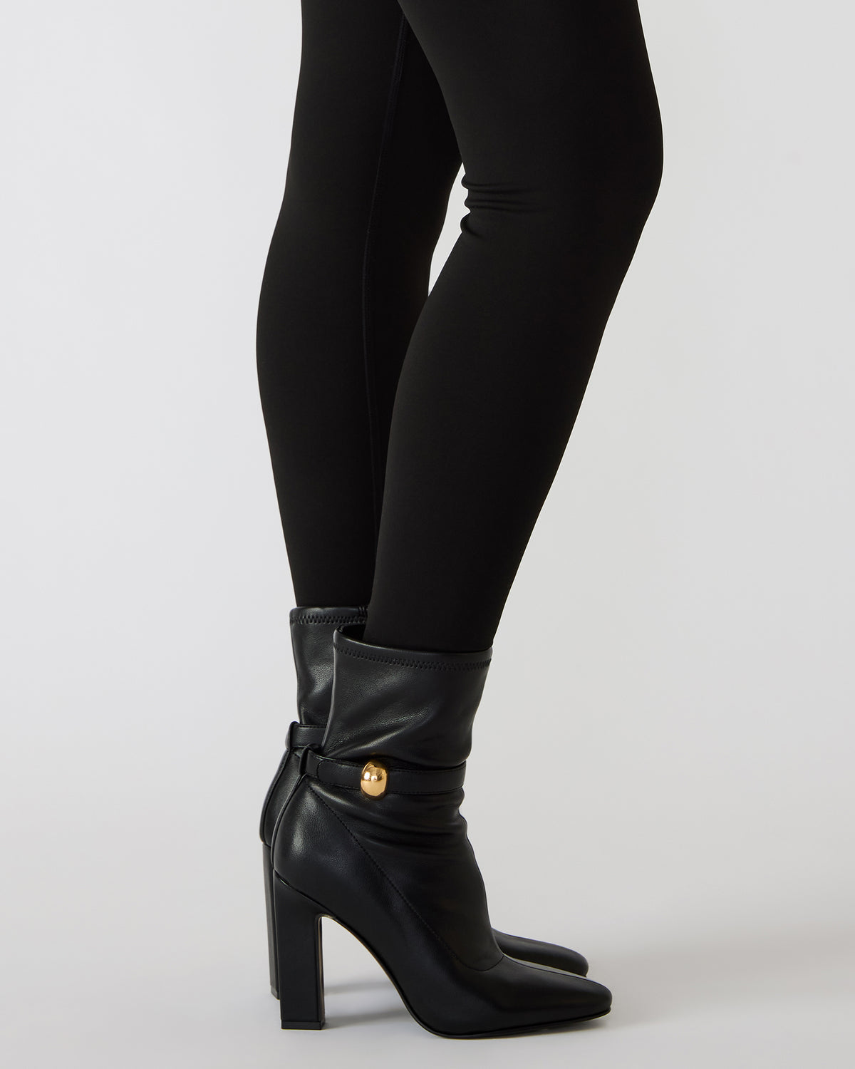 AROMA Black Buckle Gold Detail Block Heel Women's Ankle Boot