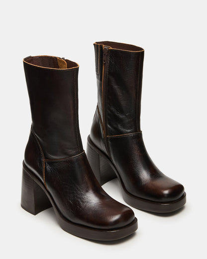FUSION Brown Distressed Square-Toe Block Heel Women's Ankle Boot