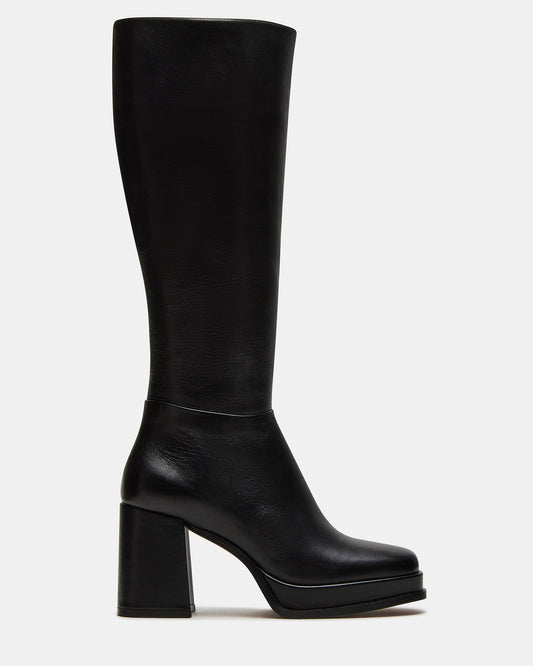 MYSTERY Black Leather Women's Block Heel Platform Boot