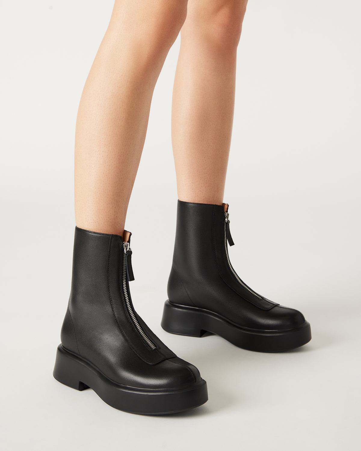 JONES Black Leather Zipper Lug Women's Ankle Boot