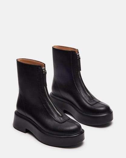JONES Black Leather Zipper Lug Women's Ankle Boot