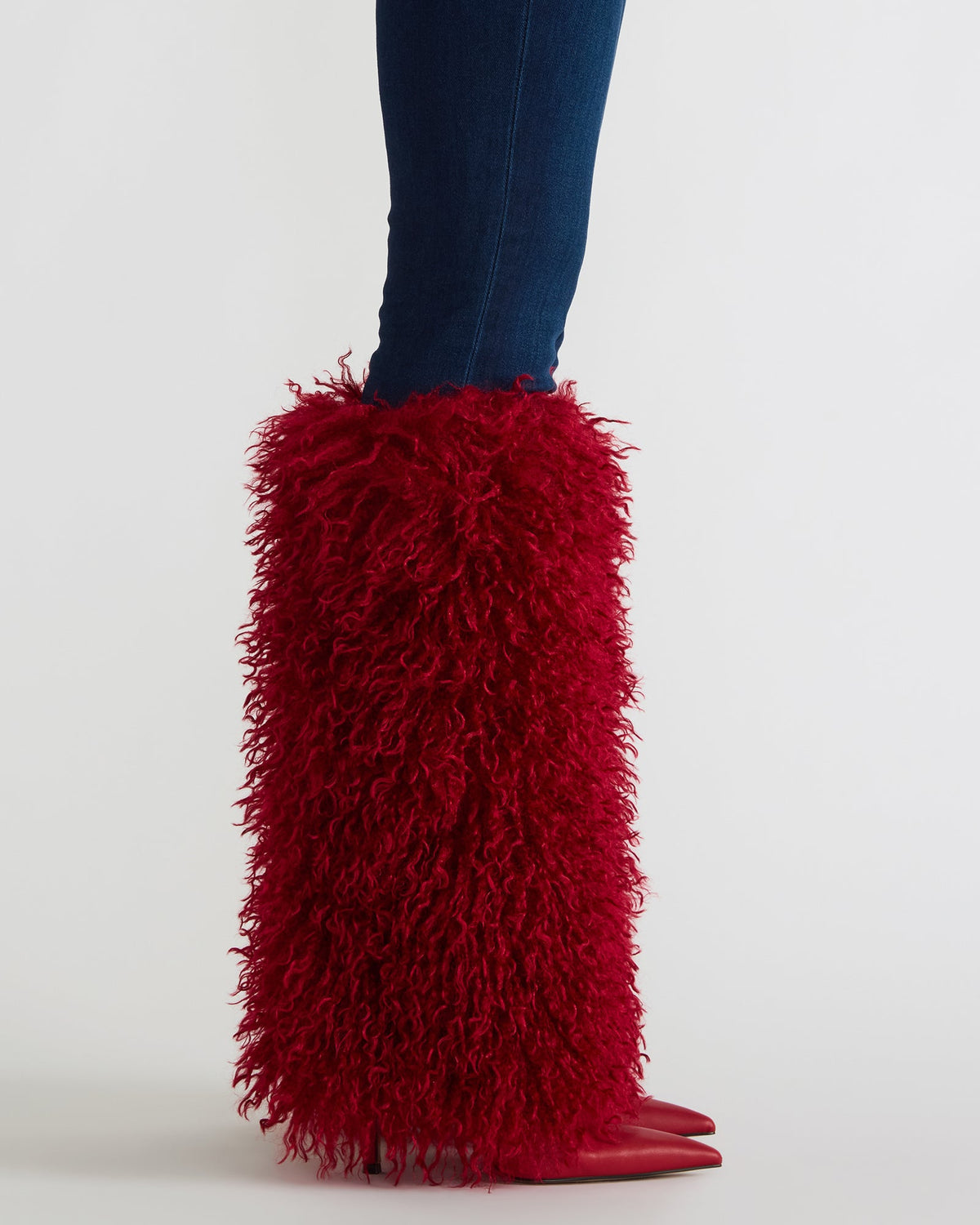 ICON Red Pointed-Toe Faux Fur Knee-High Stiletto Heel Women's Boot